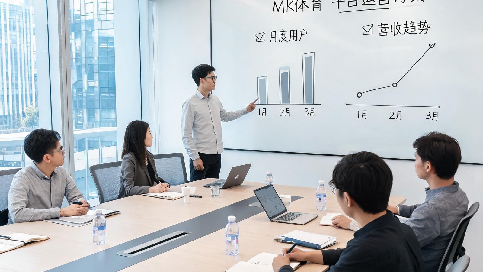 MK体育团队在现代化会议室中讨论平台运营方案，白板上画有数据图表
