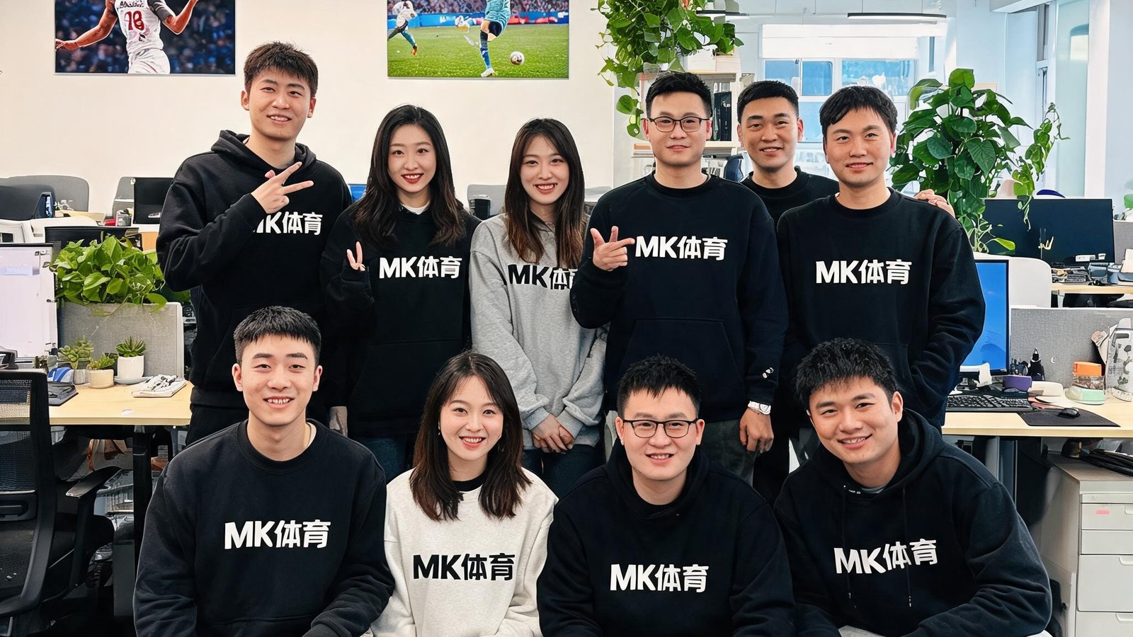MK体育团队成员在开放式办公室中的合影，大家面带微笑，背景有体育海报和绿植